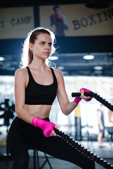 Woman in activewear using battle ropes at the gym, emphasizing fitness and healthy lifestyle.